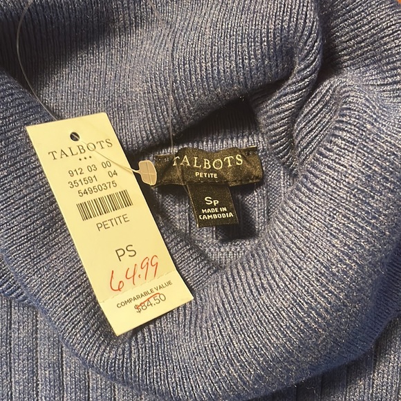 Talbots Sweater Small Petite Turtleneck Ribbed Knit Cotton Light Blue Pullover - Picture 3 of 3